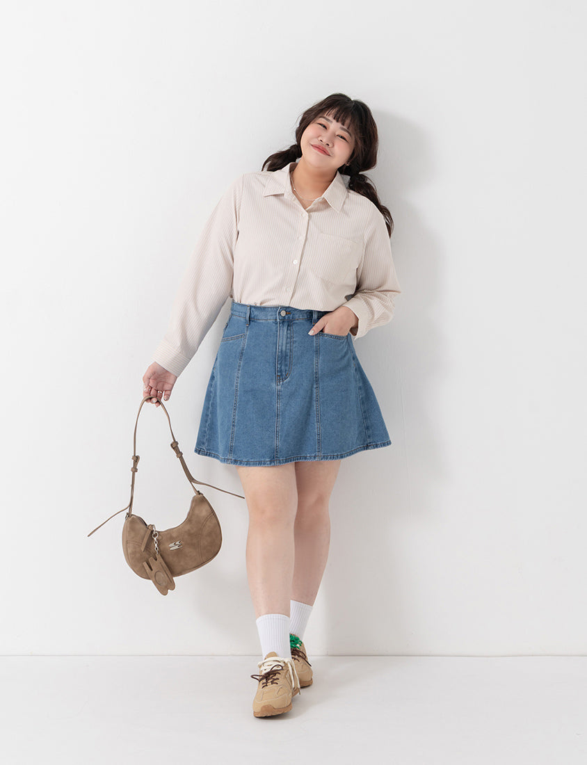Apple-Shaped Friendly! Perfect Fit Seamed A-Line Denim Plus Size Mini Skirt