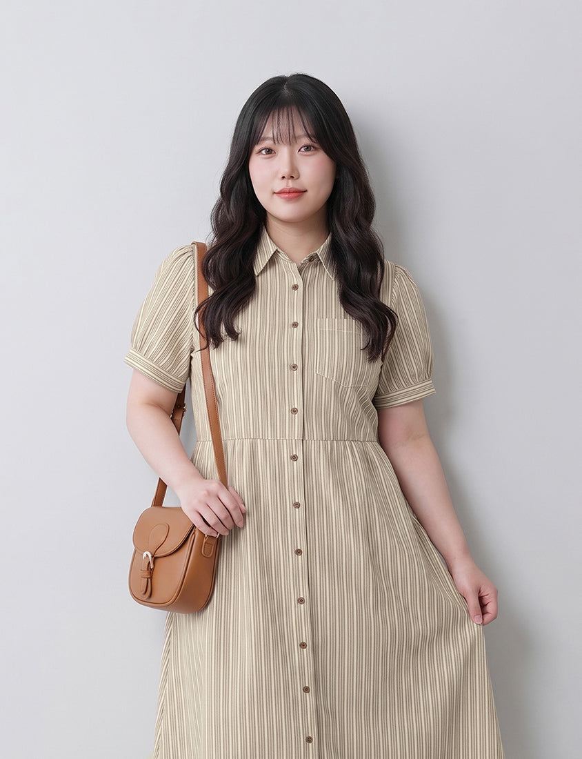 Japanese Contrast Stripe Shirt Collar Plus Size Maxi Dress