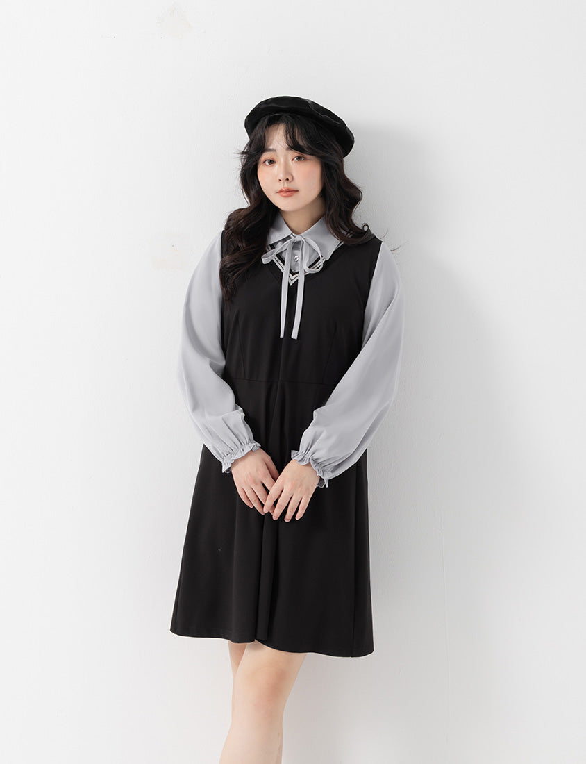 Preppy Contrast Color Faux Two-Piece Plus Size Mini Dress (With Tie)