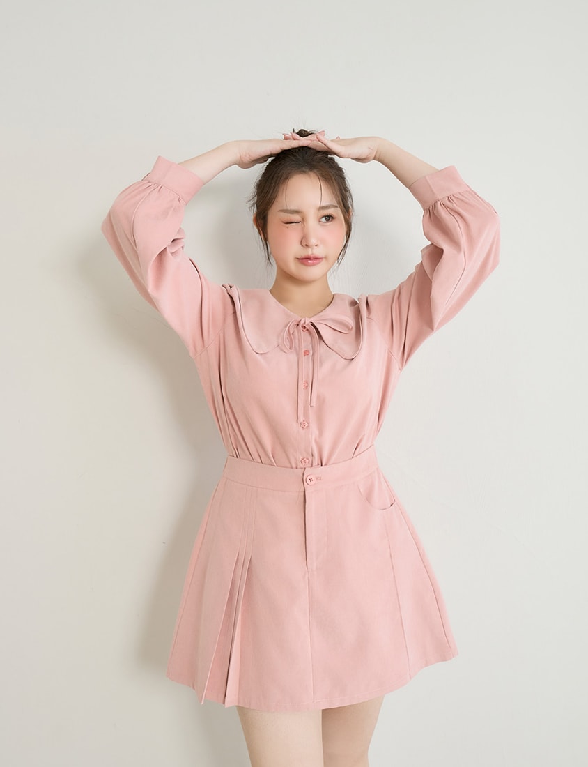 Sweet Multicolor Collar Tie Puff Sleeve Plus Size Shirt