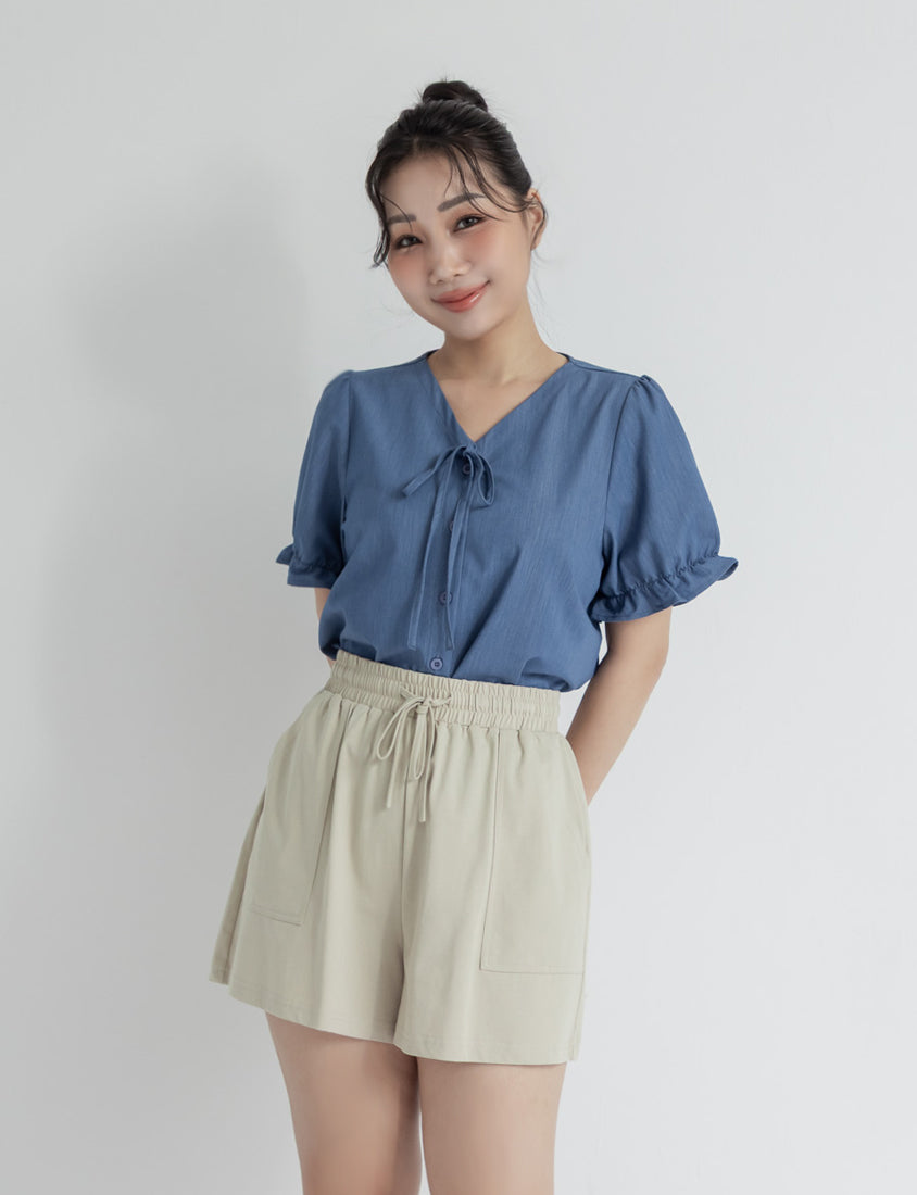 Cooling Tencel Silky Denim-Like Puff Sleeve Plus Size Shirt