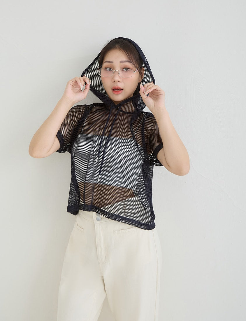 Casual Sporty Mesh Hooded Plus Size Top