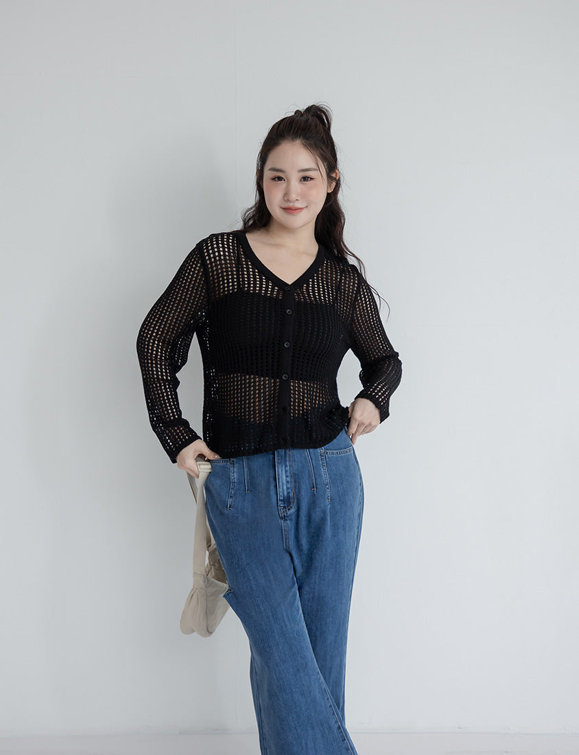 V-Neck Ice Silk Openwork Knit Plus Size Cardigan