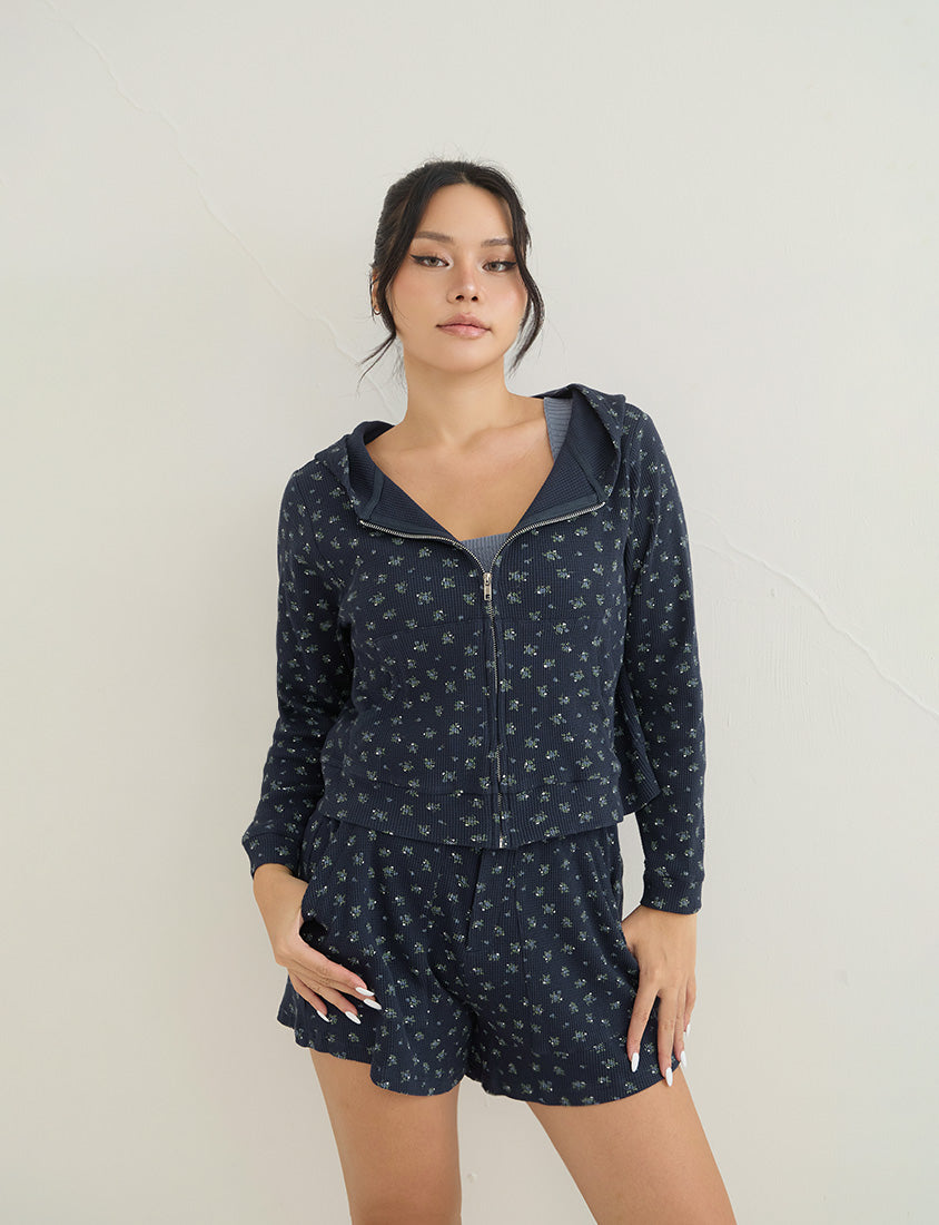 Sweet Floral Waffle Cropped Plus Size Hoodie