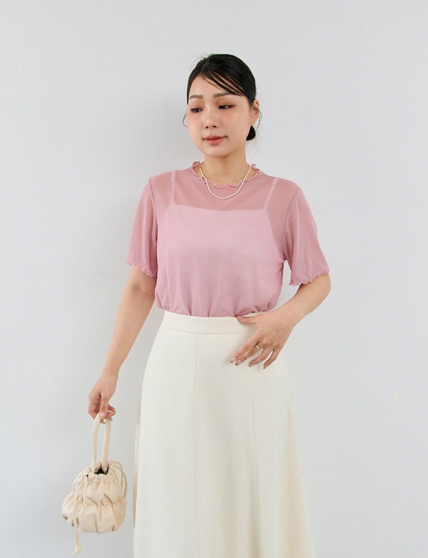 MISS. Ruffle Trim Sheer Plus Size Short Sleeve Top