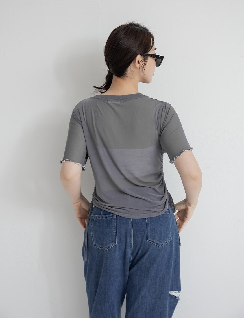 Side Drawstring Sheer Ruffle Sleeve Plus Size Top
