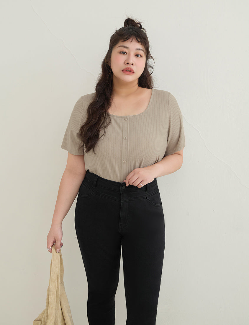 Square Neck Floral Faux Button Waffle Plus Size Top