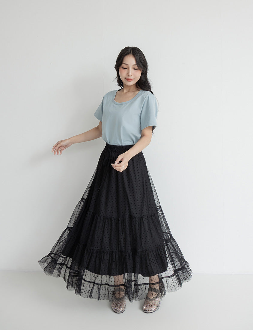 Romantic Polka Dot Tulle Tiered Plus Size Maxi Skirt