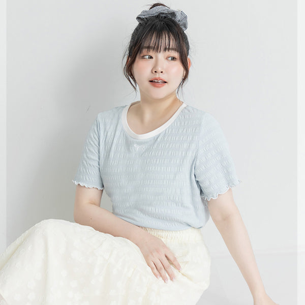 Bow Embroidery Ruffle Crinkle Plus Size Top