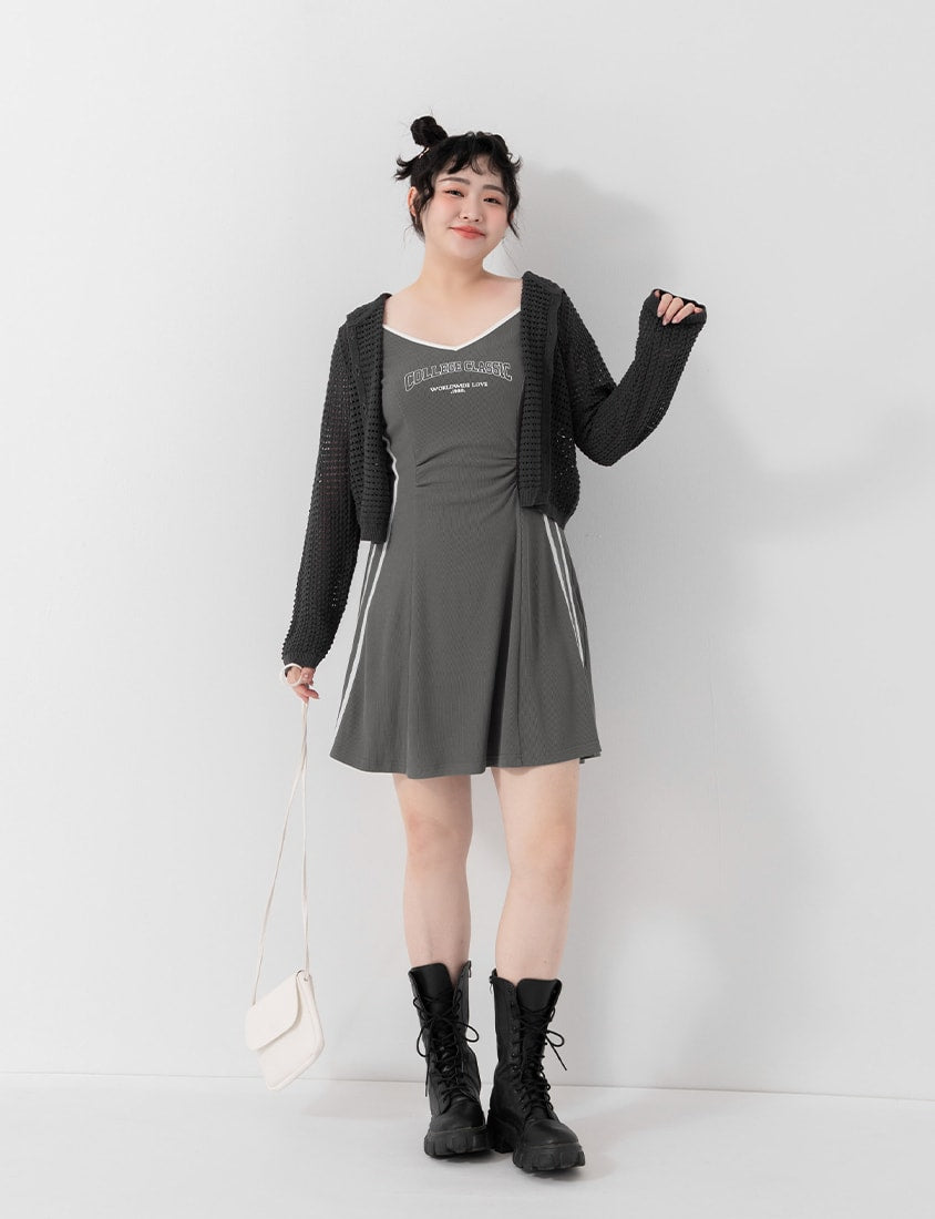 Slim Fit Ribbed V-Neck Letter Print Plus Size Mini Dress