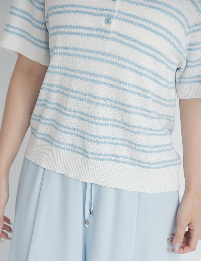 Collared Striped Knit Short Sleeve Plus Size Top