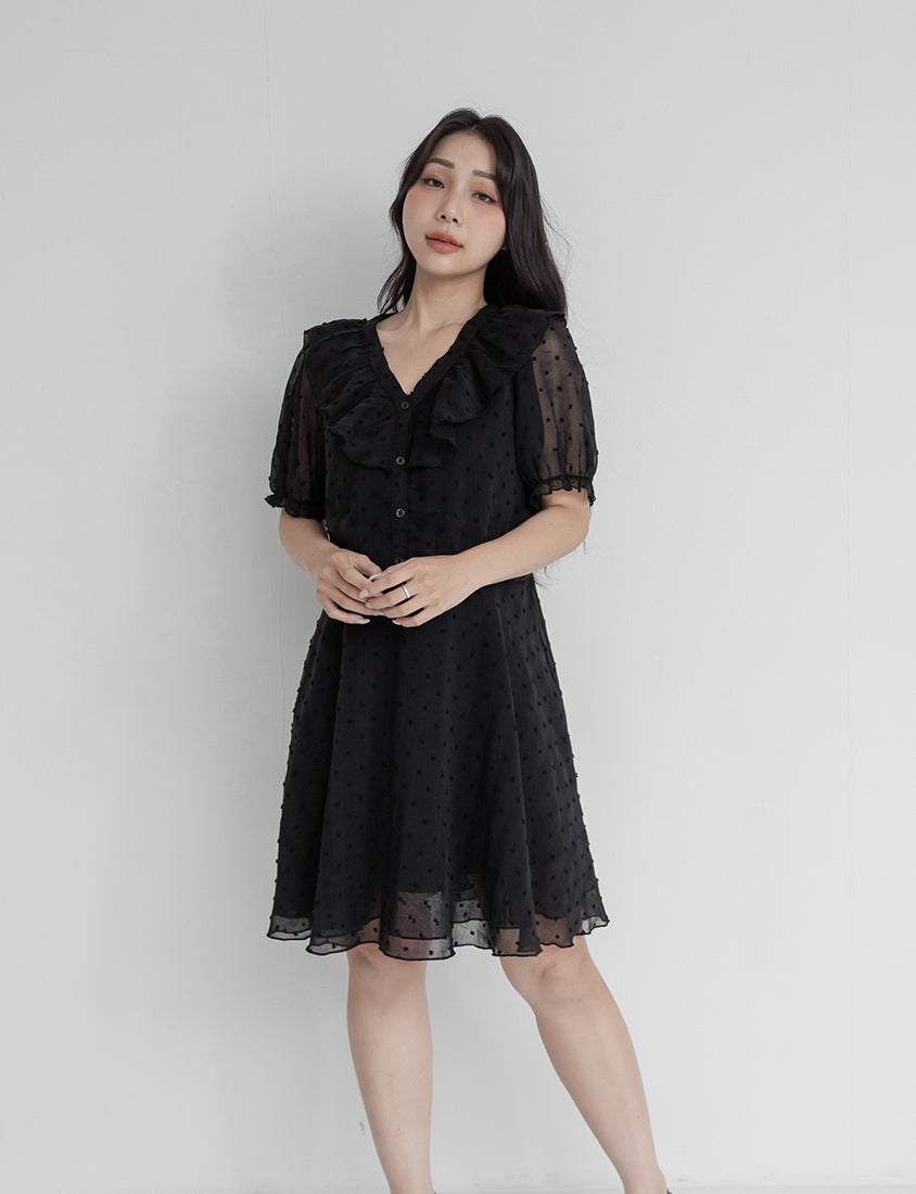 MISS. Polka Dot Jacquard Ruffle V-Neck Plus Size Mini Dress