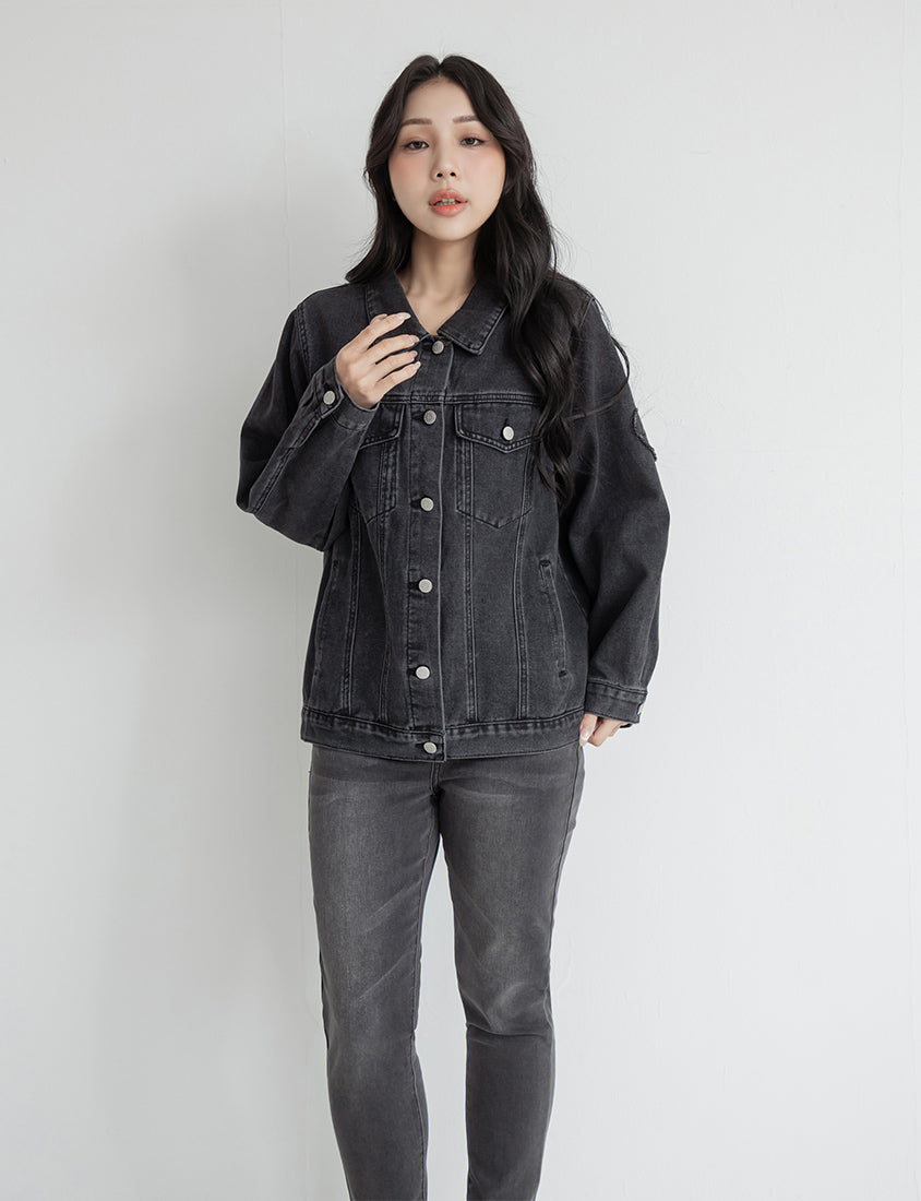 Heartbeat Applique Embroidered Oversized Denim Jacket (Unisex)