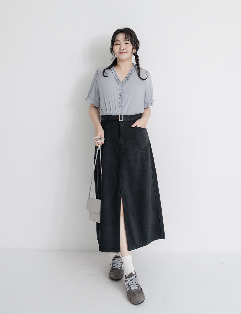 Lyocell Twill A-Line Plus Size Maxi Skirt (With Belt)