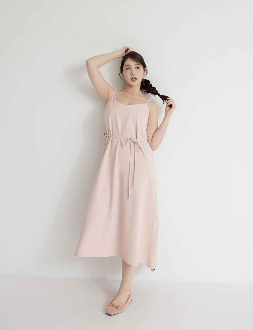 Wrinkle-Resistant A-Line  Plus Size Cami Maxi Dress (With Waist Tie)