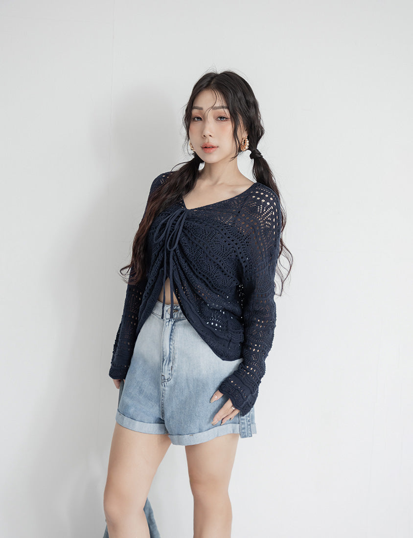 MUA! Lace Openwork Drawstring Knit Plus Size Top