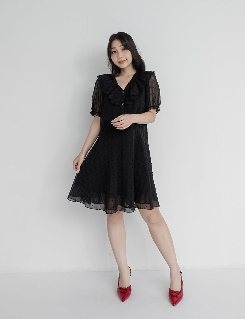 MISS. Polka Dot Jacquard Ruffle V-Neck Plus Size Mini Dress