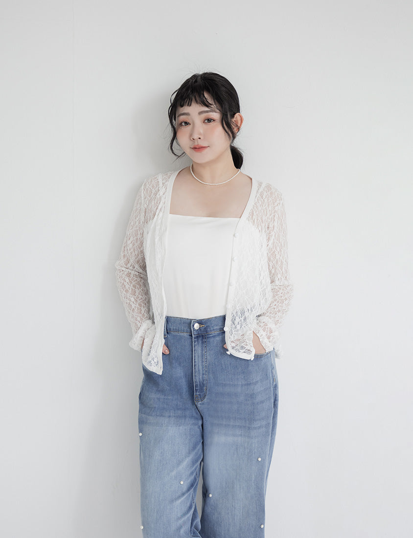 Pearl Embellished Stretch Denim Plus Size Wide Leg Pants