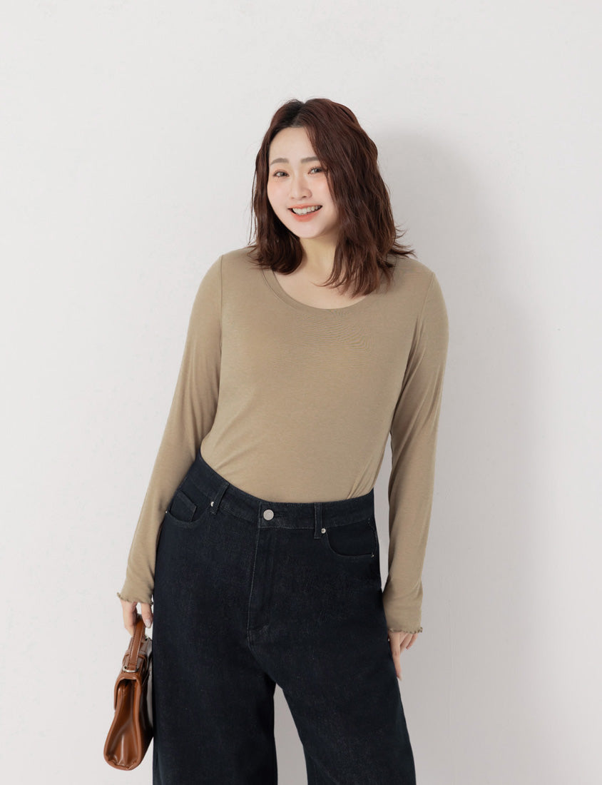 Sheer Tencel Wool Crew Neck Plus Size Long Sleeve Top