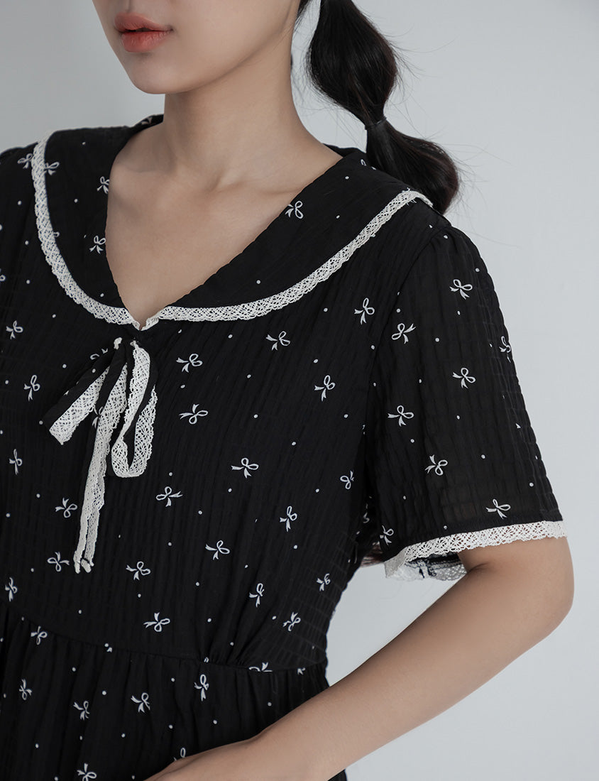 All-Over Bow Collared Plus Size Mini Dress