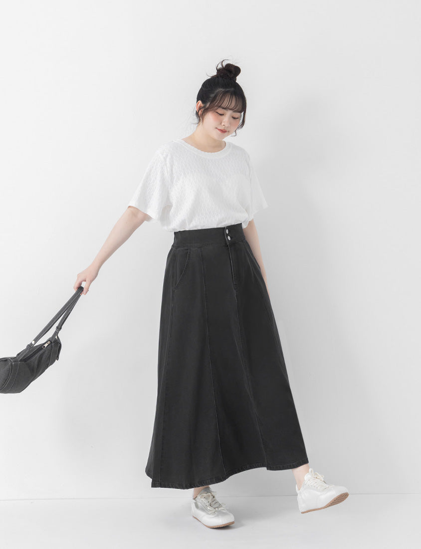 Lightweight Tencel Silky Denim Double Button Flare Plus Size Maxi Skirt