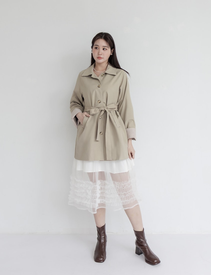 MISS.Korean Style Textured Mid-Length Plus Size Trench Coat (With Belt)