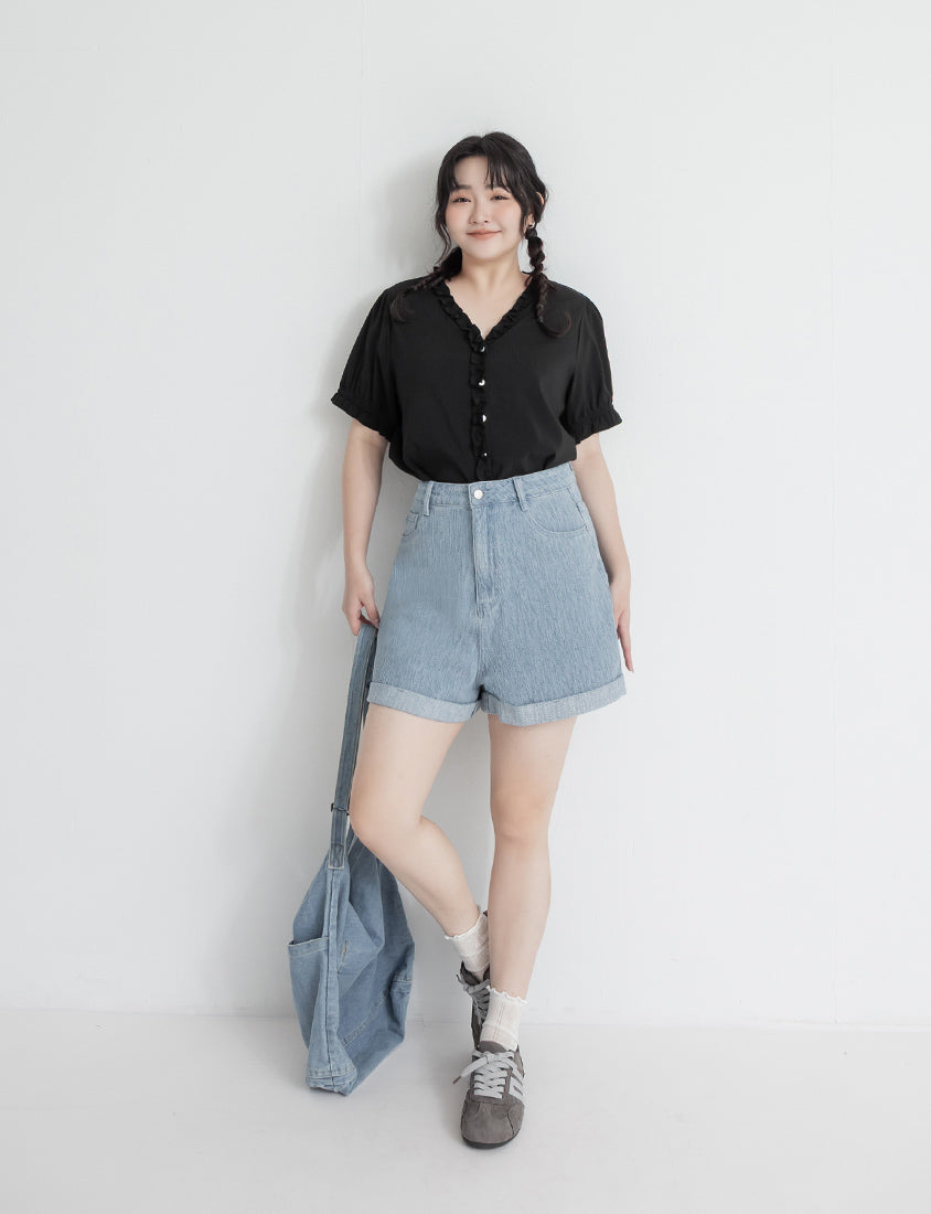 Textured Two-Tone Denim Cuffed Plus Size Shorts
