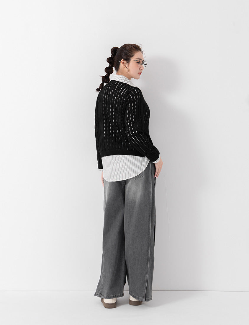 V-Neck Openwork Ribbed Knit Long Sleeve Plus Size Top
