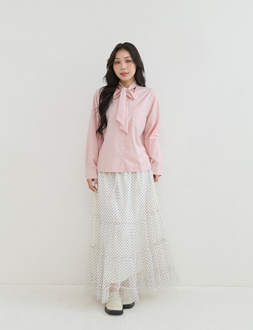 Korean Style Tie Neck Long Sleeve Plus Size Blouse