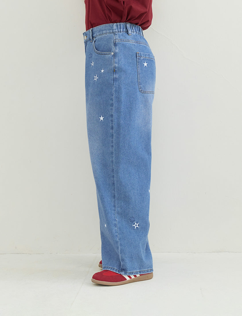 Star Embroidered Denim Plus Size Wide Leg Jeans