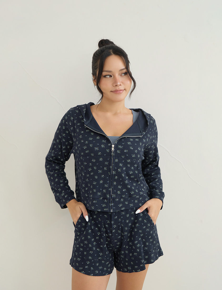 Sweet Floral Waffle Cropped Plus Size Hoodie