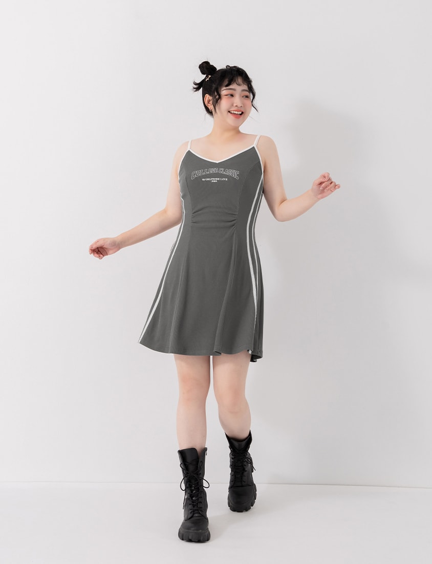 Slim Fit Ribbed V-Neck Letter Print Plus Size Mini Dress
