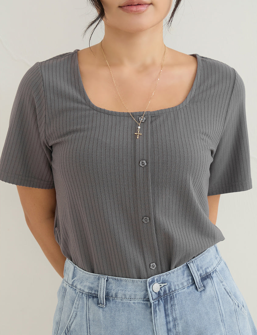 Square Neck Floral Faux Button Waffle Plus Size Top
