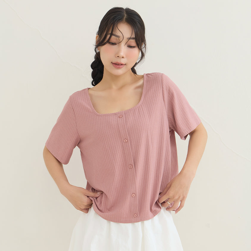 Square Neck Floral Faux Button Waffle Plus Size Top