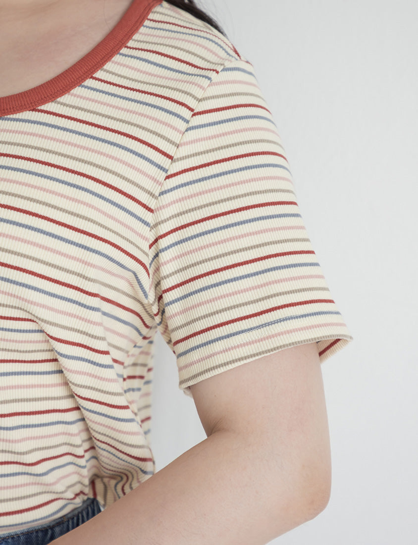Heart Embroidered Contrast Stripe Plus Size Tee