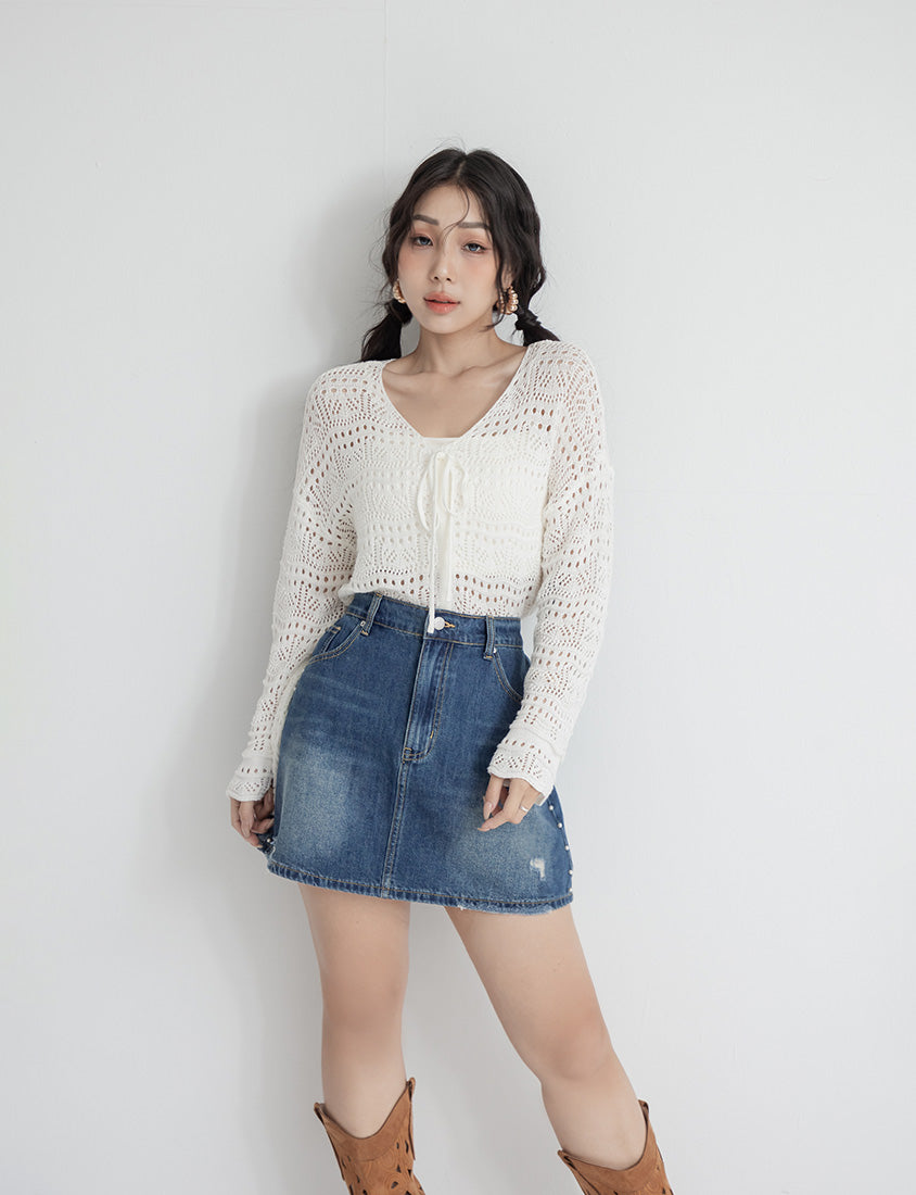 MUA! Side Pearl Studded Distressed Denim Plus Size Mini Skirt