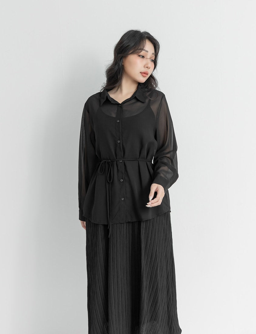 Sheer Shirt With Strap Dress Plus Size Set (With Waist Tie)
