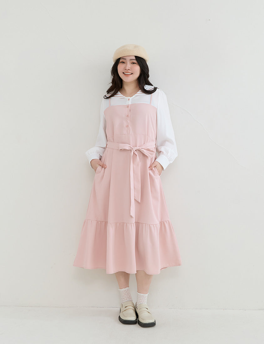 Contrast Sailor Collar Faux Two Piece Plus Size Maxi Dress (With Waist Tie)