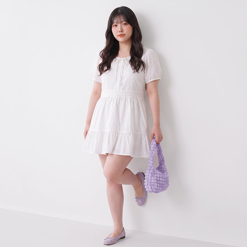Tie Crew Neck Lace Panel Plus Size Mini Dress
