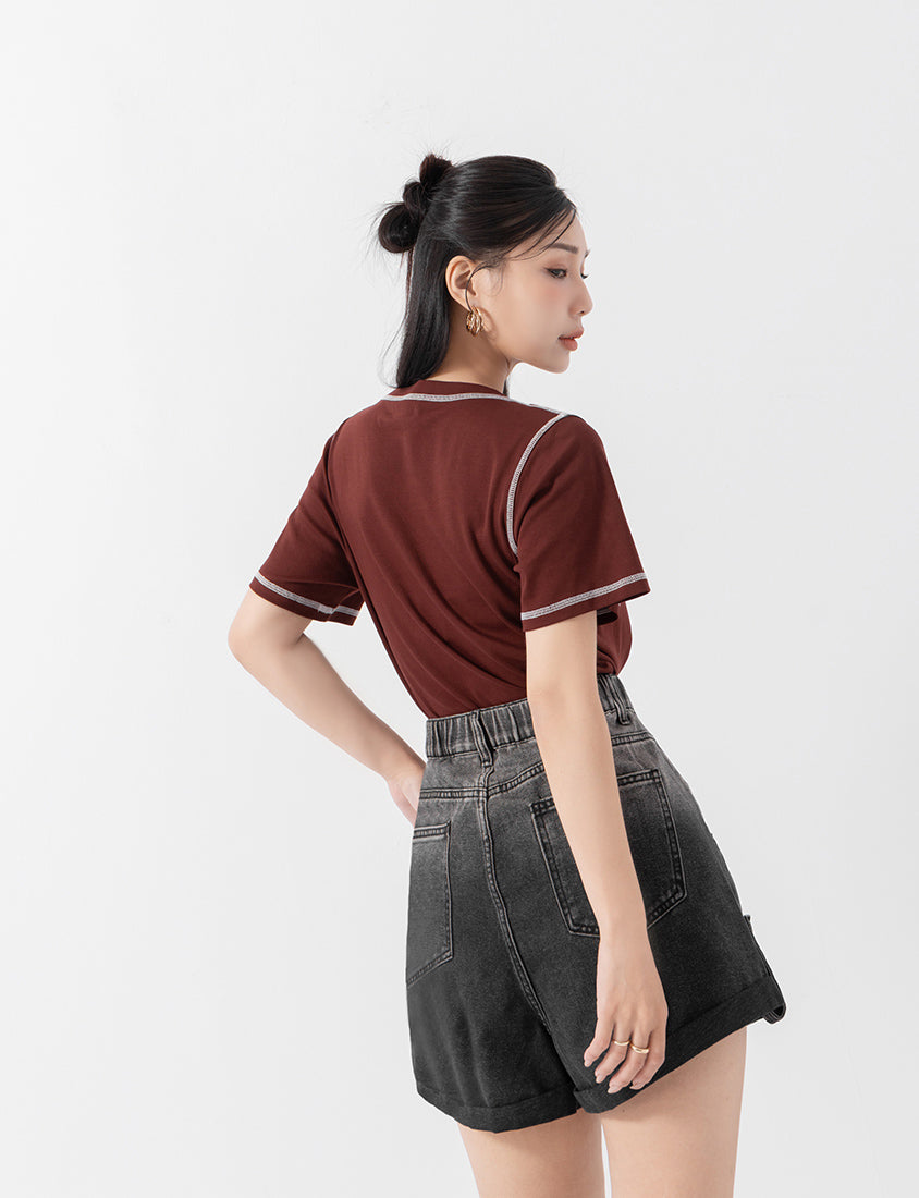 MUA! Cropped Contrast Stitch Short Sleeve Plus Size Tee