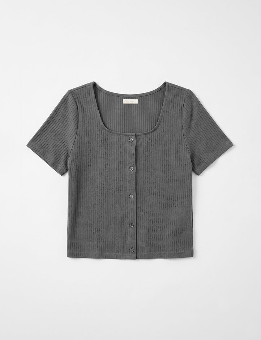 Square Neck Floral Faux Button Waffle Plus Size Top