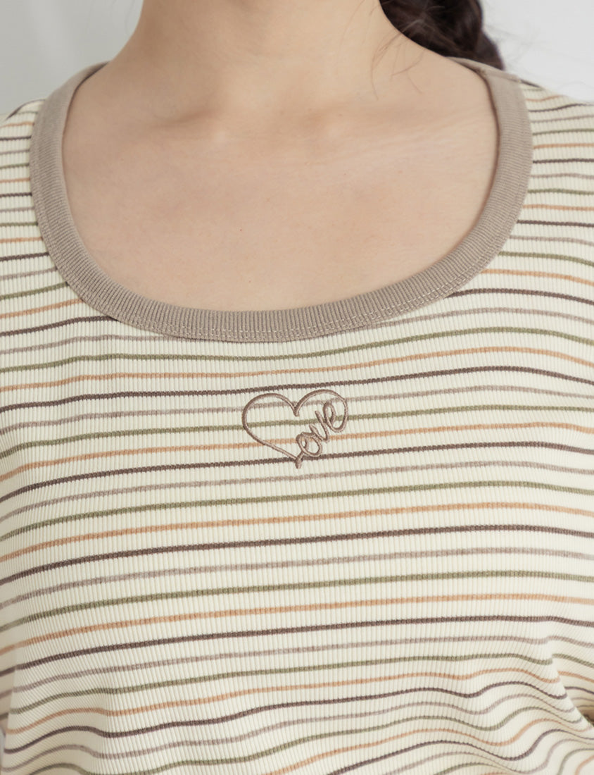 Heart Embroidered Contrast Stripe Plus Size Tee