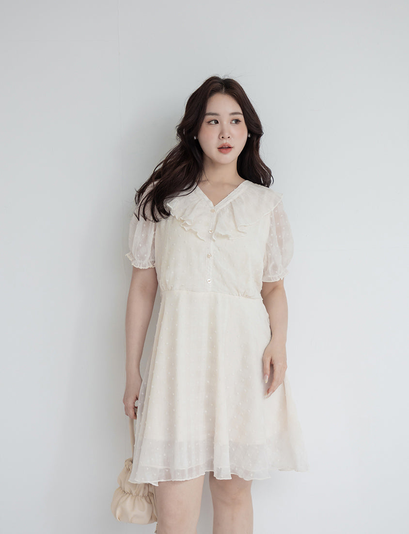 MISS. Polka Dot Jacquard Ruffle V-Neck Plus Size Mini Dress