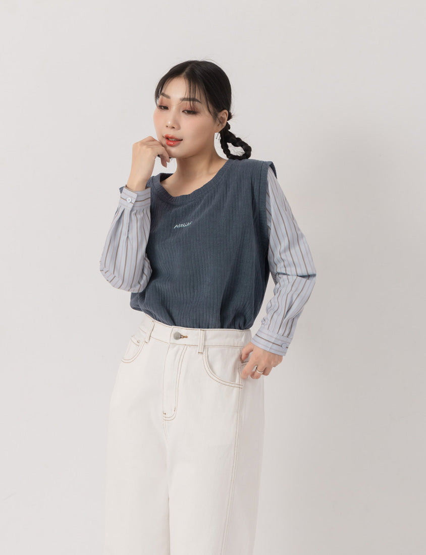 Round Neck Faux Layered Small Embroidery Plus Size Striped Top