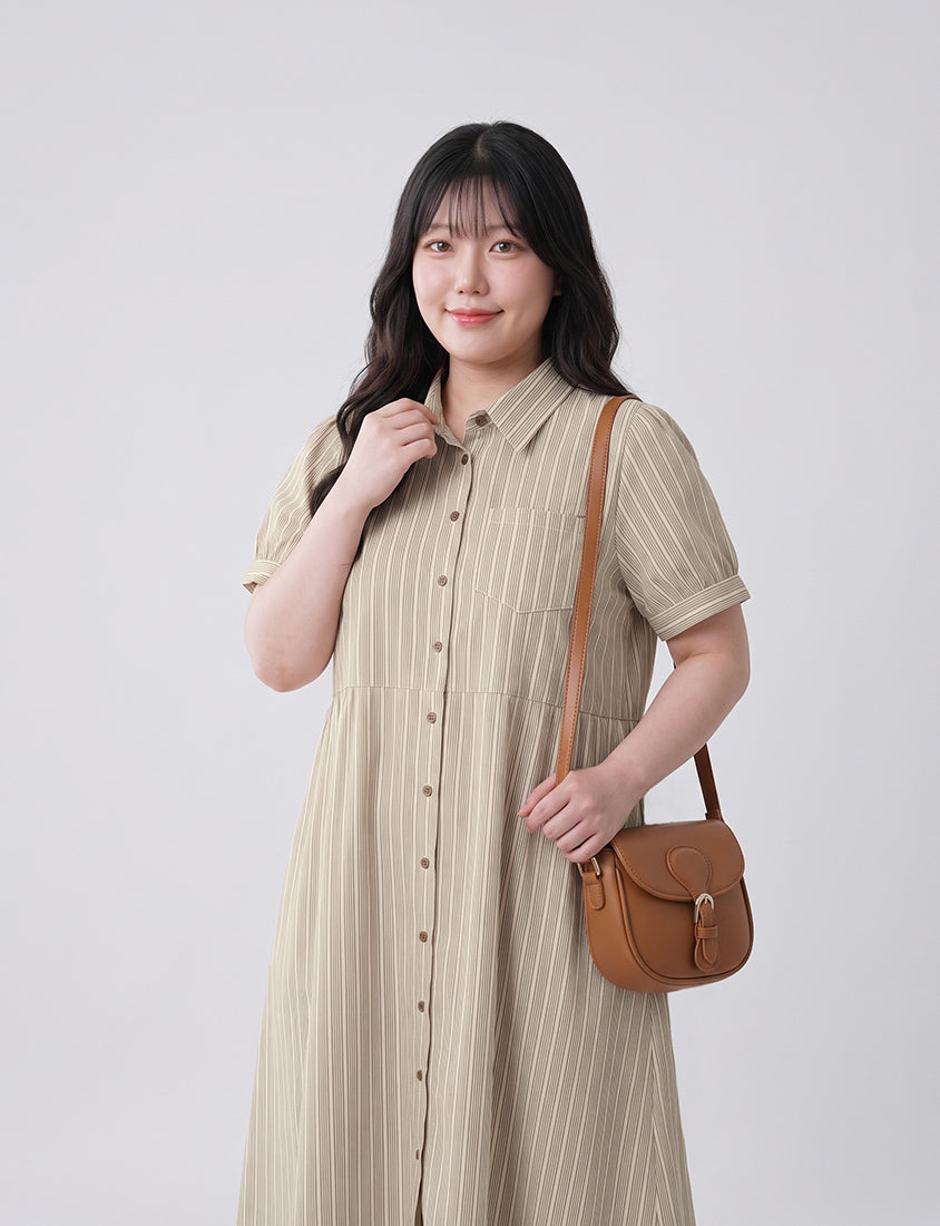 Japanese Contrast Stripe Shirt Collar Plus Size Maxi Dress