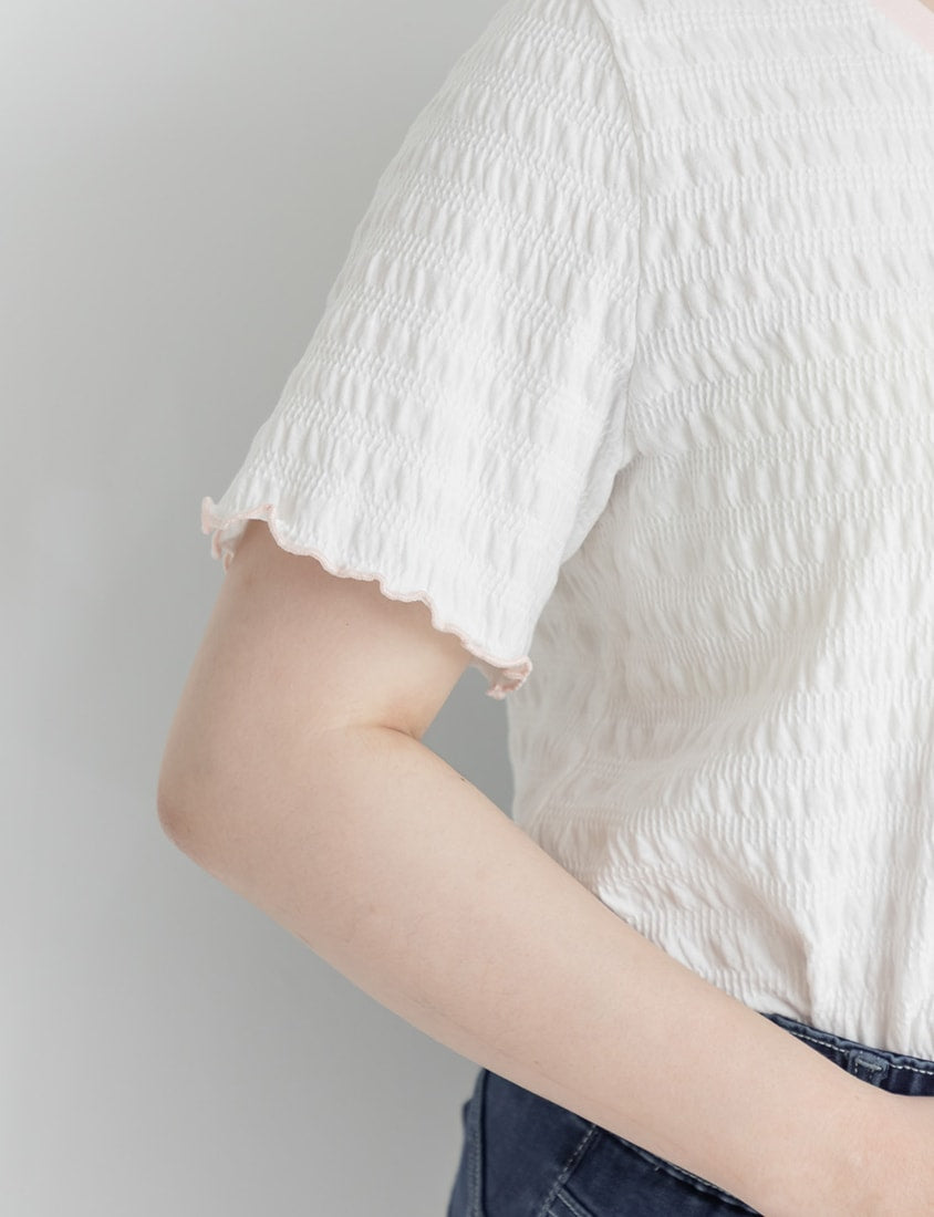 Bow Embroidery Ruffle Crinkle Plus Size Top