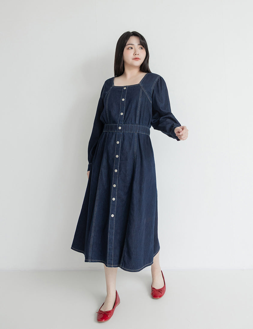 Smock-Waisted Square Neck Faux-Button Denim Plus Size Maxi Dress