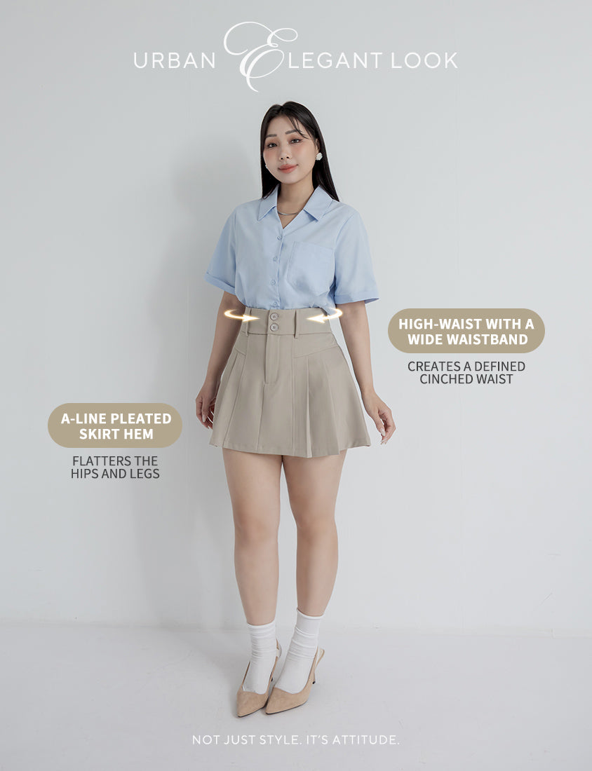 MISS. High Waist Tummy Flattering Pleated Tailored Plus Size Mini Skirt
