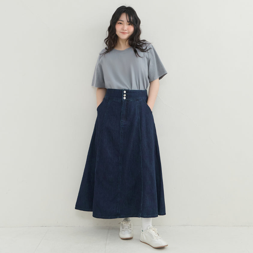 High Waist Flared Denim Plus Size Maxi Skirt