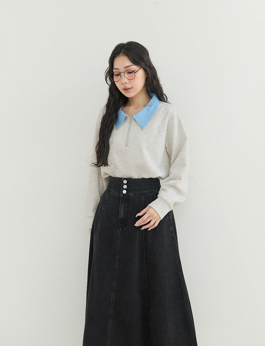 High Waist Flared Denim Plus Size Maxi Skirt